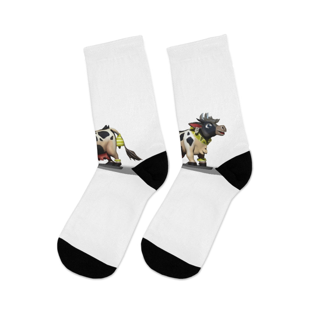 A pair of CG Cow DTG Socks featuring a vibrant design, made from a blend of recycled materials, showcasing their 200 needle knit quality.