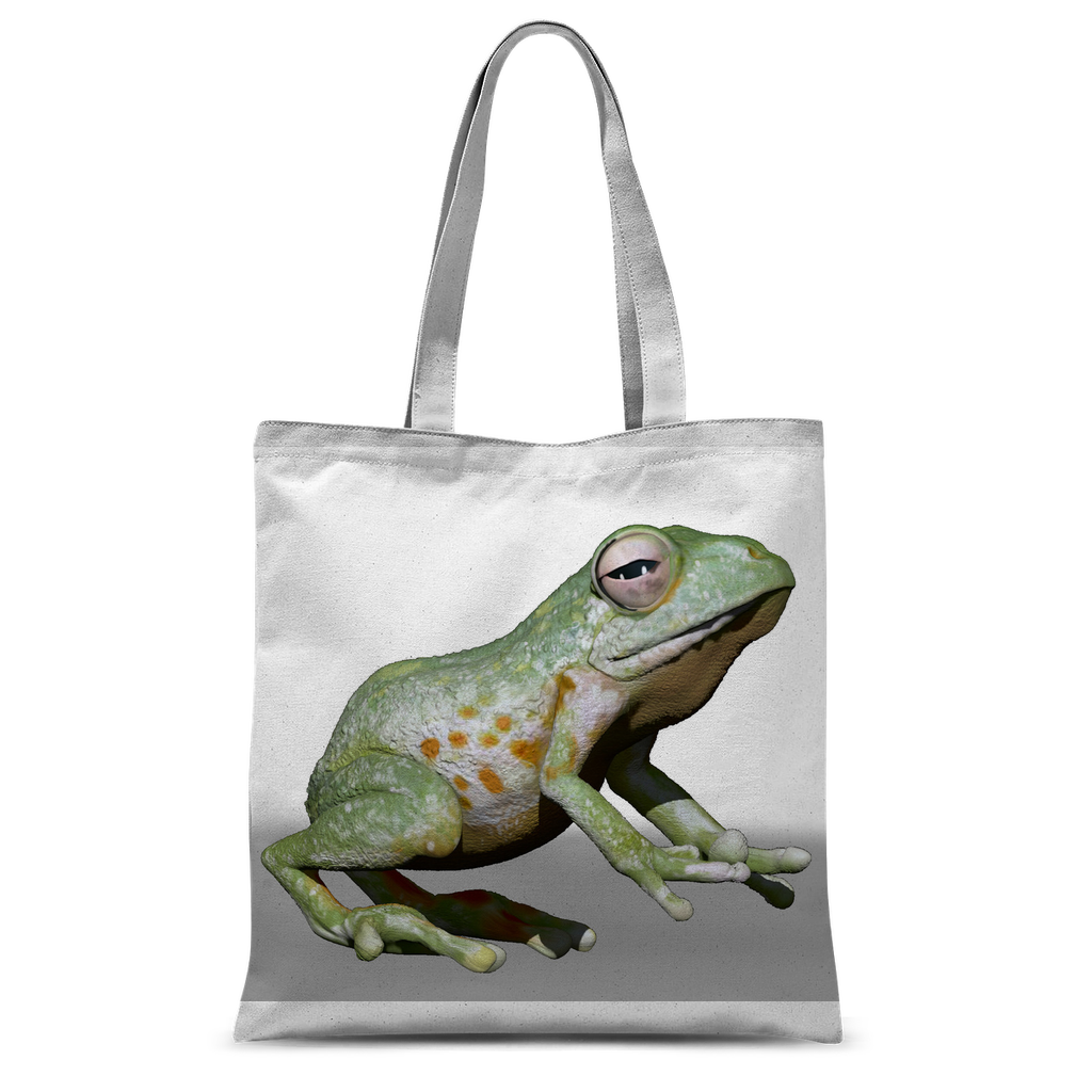 CG Frog Character Classic Sublimation Tote Bag featuring a vibrant frog design, made from durable polyester with long handles.