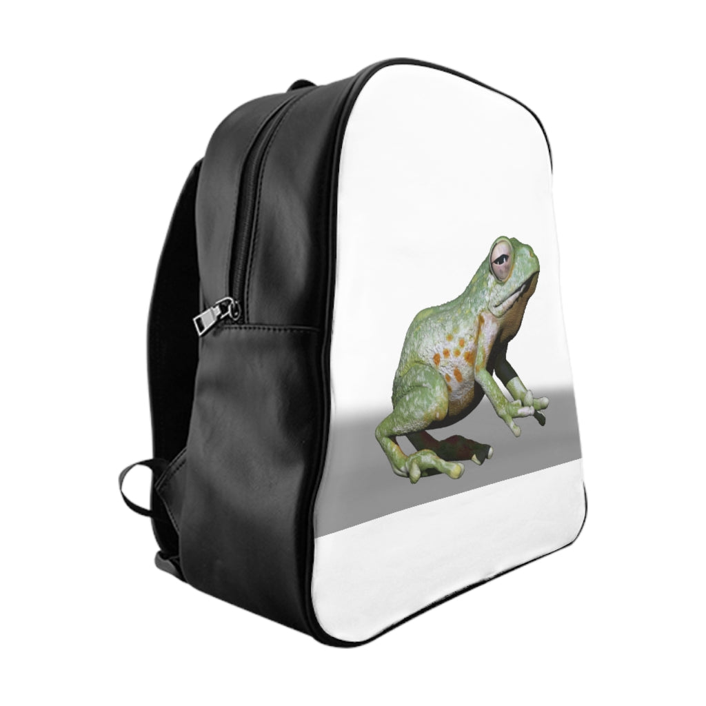 CG Frog School Backpack featuring a stylish design with quality print, padded back, and chocolate brown lining, perfect for school and everyday use.