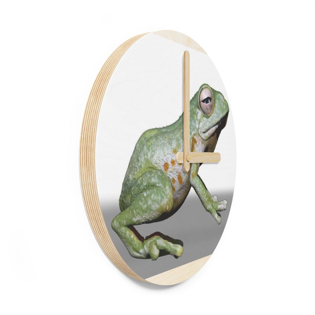 CG Frog Wooden Wall Clock made from sustainable birch plywood, featuring a unique design and available in two sizes.