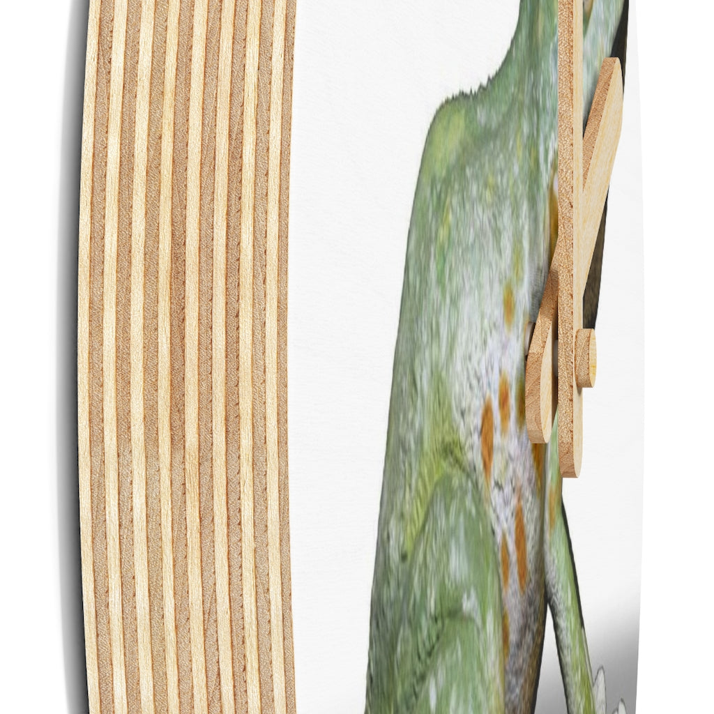 CG Frog Wooden Wall Clock made from sustainable birch plywood, featuring a unique design and available in two sizes.