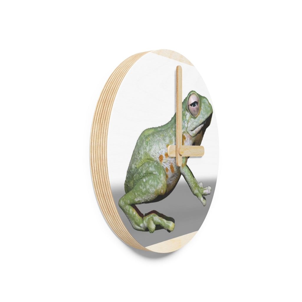 CG Frog Wooden Wall Clock made from sustainable birch plywood, featuring a unique design and available in two sizes.