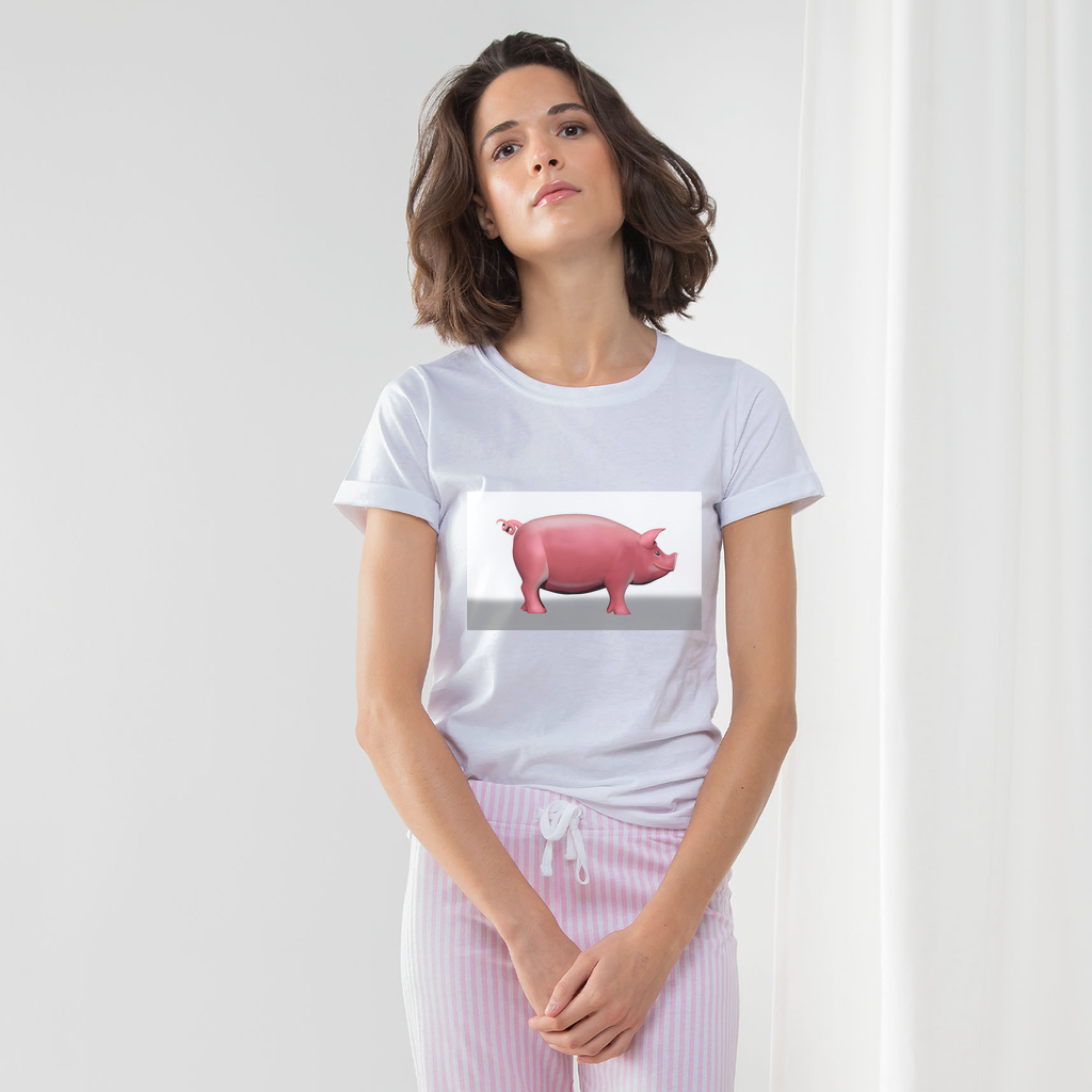 CG Pig Women's Long Pant Pyjama Set featuring a white t-shirt, striped pants in heather grey or light pink, and a matching drawcord bag.