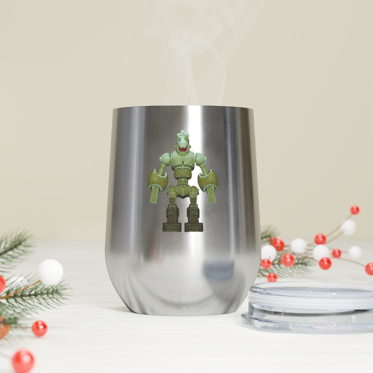 CG Robot 12oz Insulated Wine Tumbler in stainless steel with a clear plastic lid, showcasing a stylish design for hot and cold beverages.