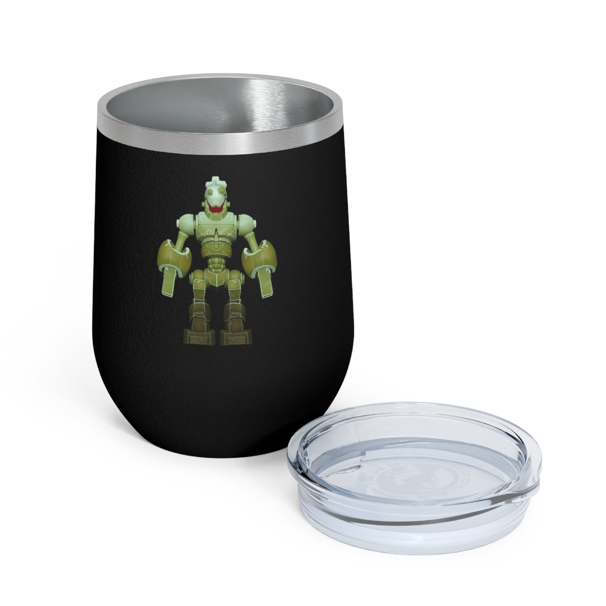 CG Robot 12oz Insulated Wine Tumbler in stainless steel with a clear plastic lid, showcasing a stylish design for hot and cold beverages.