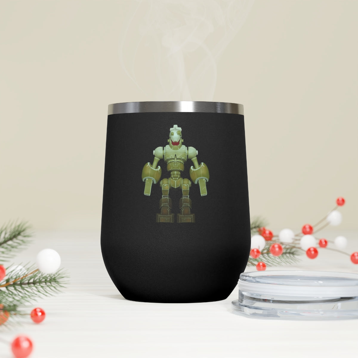 CG Robot 12oz Insulated Wine Tumbler in stainless steel with a clear plastic lid, showcasing a stylish design for hot and cold beverages.