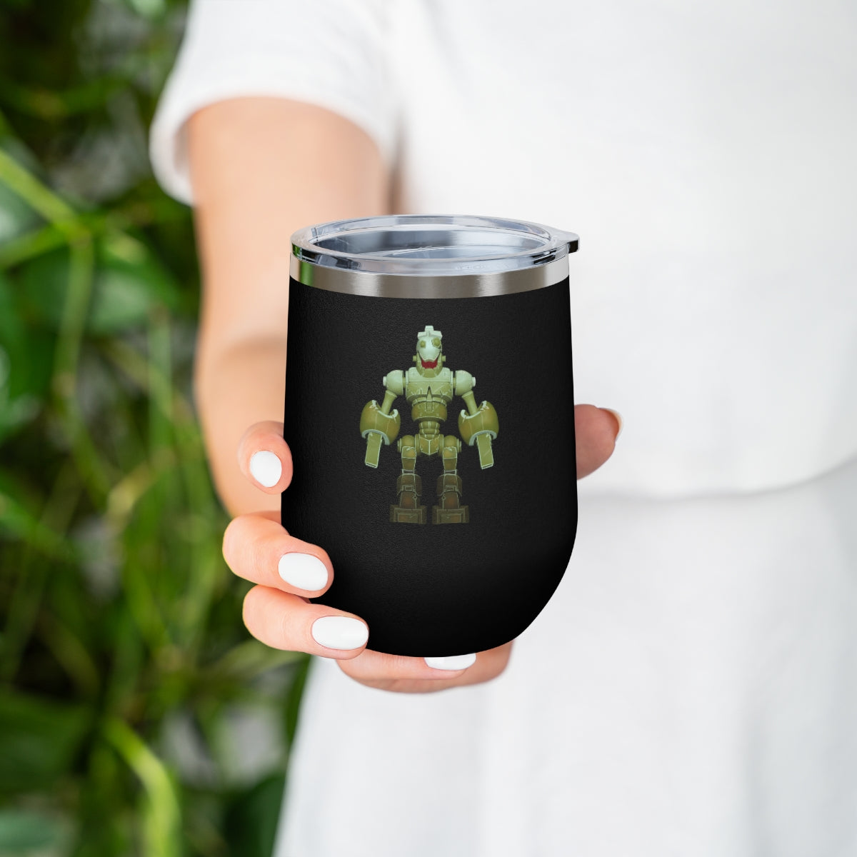 CG Robot 12oz Insulated Wine Tumbler in stainless steel with a clear plastic lid, showcasing a stylish design for hot and cold beverages.