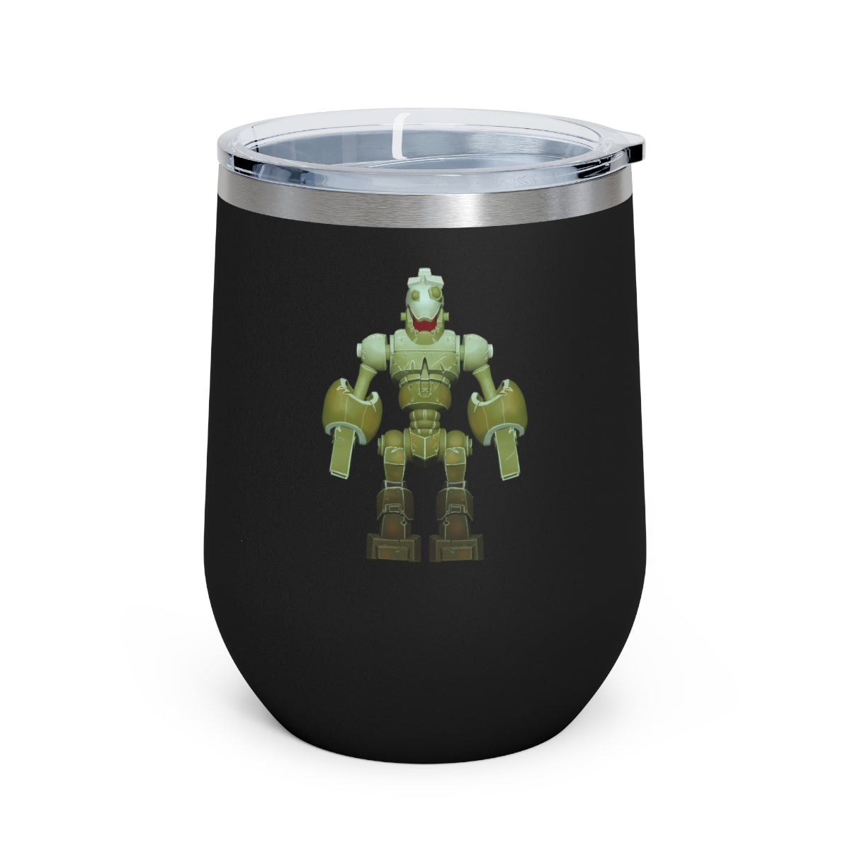 CG Robot 12oz Insulated Wine Tumbler in stainless steel with a clear plastic lid, showcasing a stylish design for hot and cold beverages.