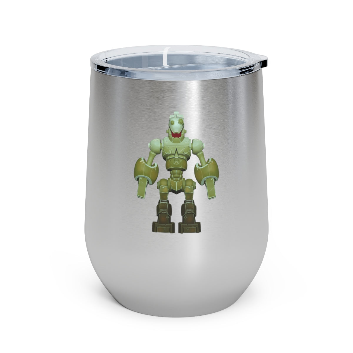 CG Robot 12oz Insulated Wine Tumbler in stainless steel with a clear plastic lid, showcasing a stylish design for hot and cold beverages.