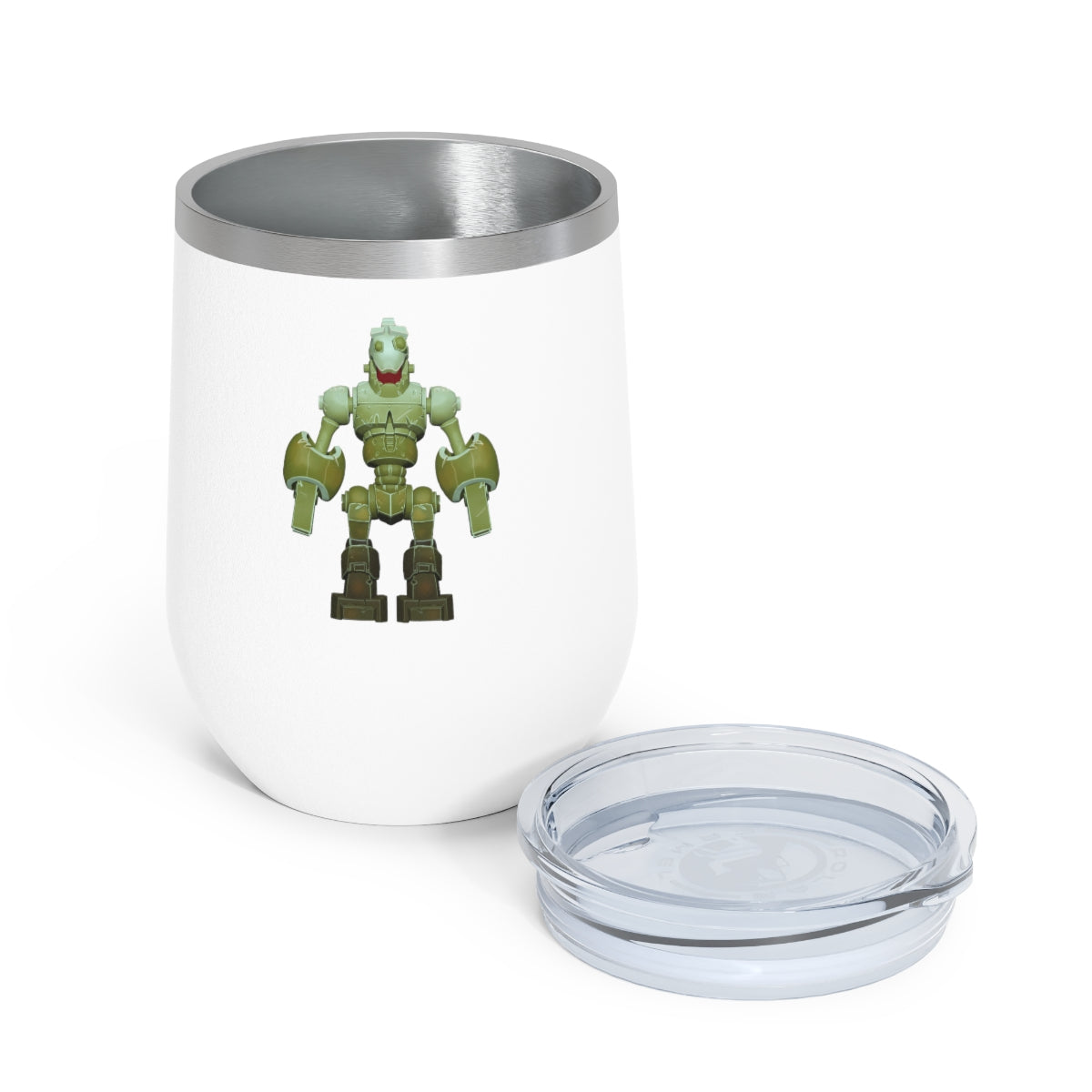 CG Robot 12oz Insulated Wine Tumbler in stainless steel with a clear plastic lid, showcasing a stylish design for hot and cold beverages.