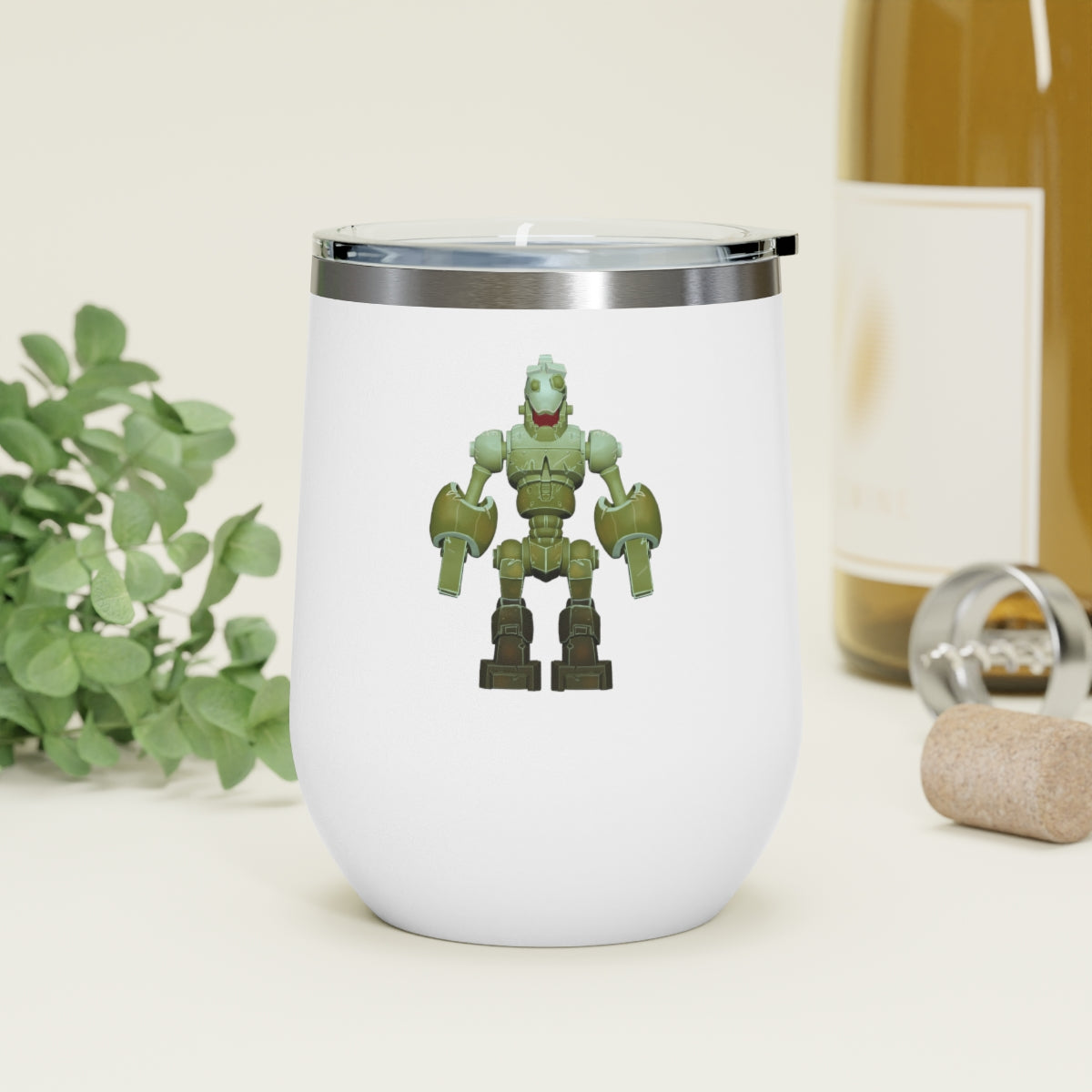 CG Robot 12oz Insulated Wine Tumbler in stainless steel with a clear plastic lid, showcasing a stylish design for hot and cold beverages.