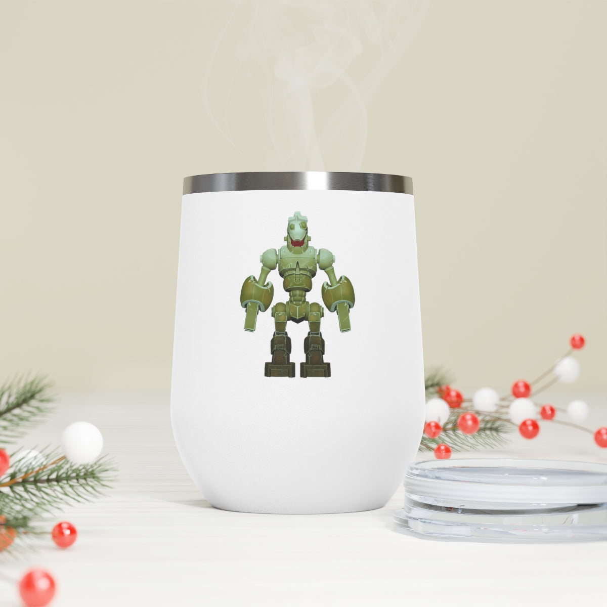 CG Robot 12oz Insulated Wine Tumbler in stainless steel with a clear plastic lid, showcasing a stylish design for hot and cold beverages.