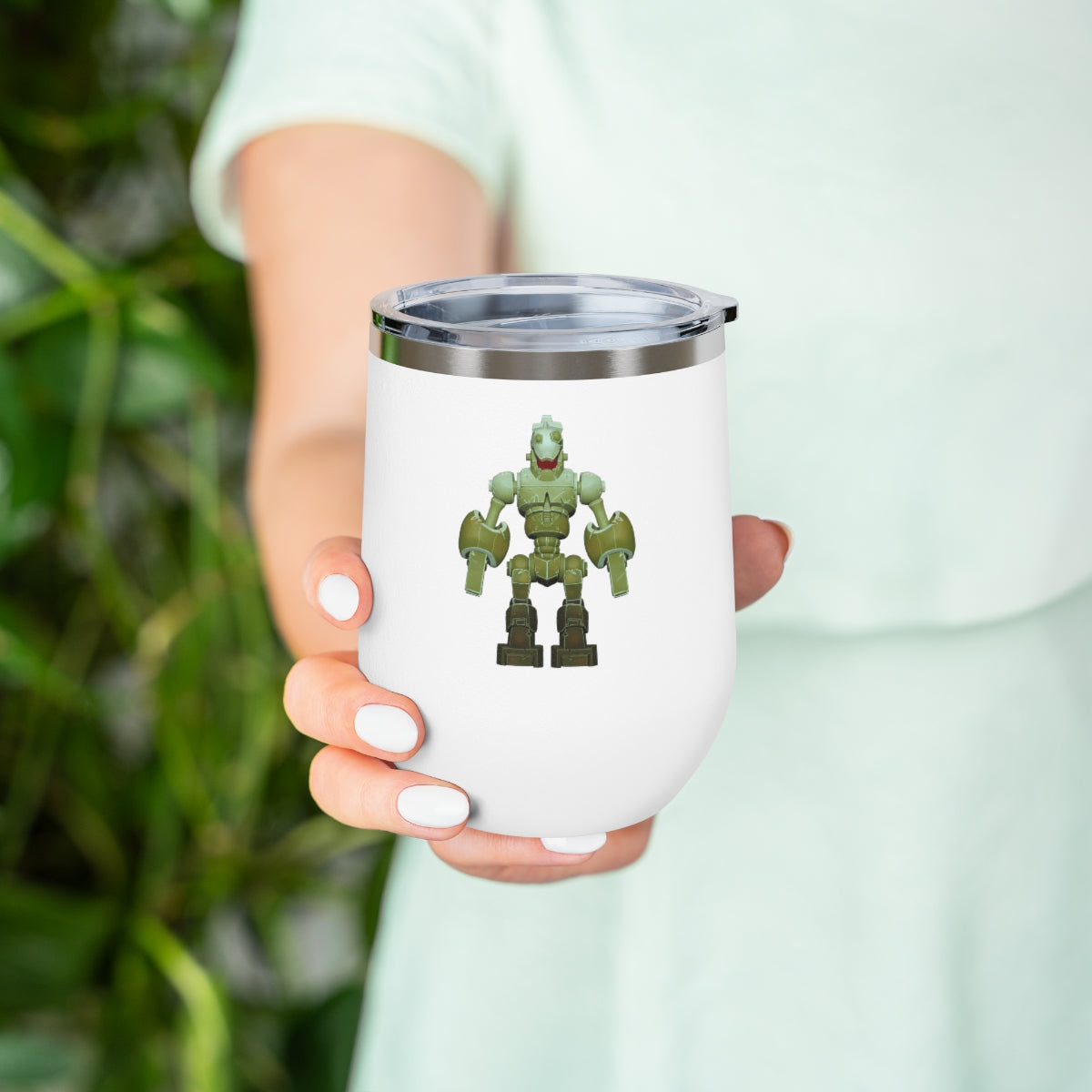 CG Robot 12oz Insulated Wine Tumbler in stainless steel with a clear plastic lid, showcasing a stylish design for hot and cold beverages.