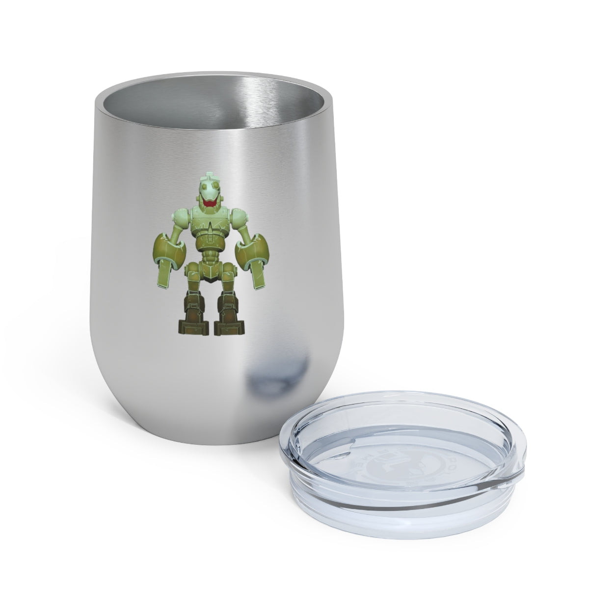 CG Robot 12oz Insulated Wine Tumbler in stainless steel with a clear plastic lid, showcasing a stylish design for hot and cold beverages.