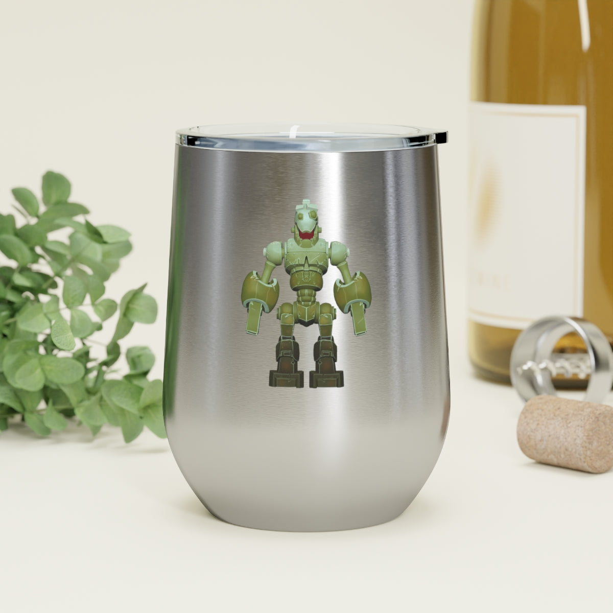 CG Robot 12oz Insulated Wine Tumbler in stainless steel with a clear plastic lid, showcasing a stylish design for hot and cold beverages.