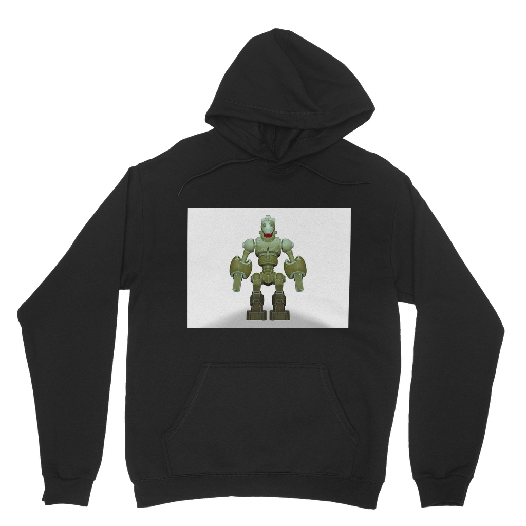 CG Robot Character Classic Adult Hoodie featuring a soft cotton faced fabric, kangaroo pouch pocket, and double fabric hood in various colors.