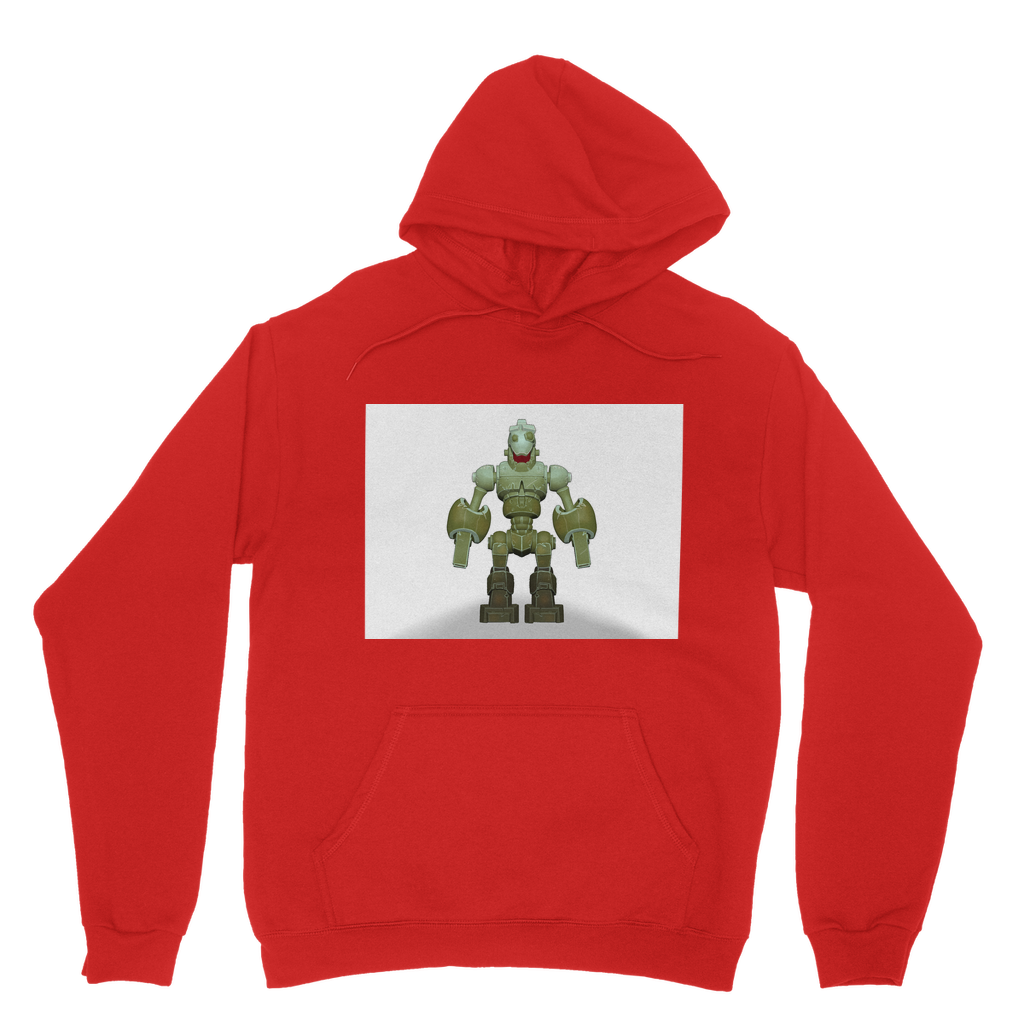 CG Robot Character Classic Adult Hoodie featuring a soft cotton faced fabric, kangaroo pouch pocket, and double fabric hood in various colors.