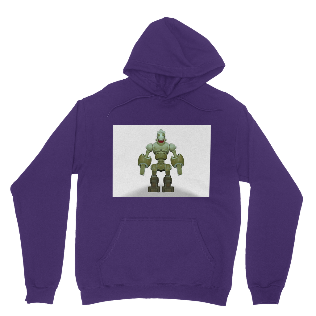 CG Robot Character Classic Adult Hoodie featuring a soft cotton faced fabric, kangaroo pouch pocket, and double fabric hood in various colors.