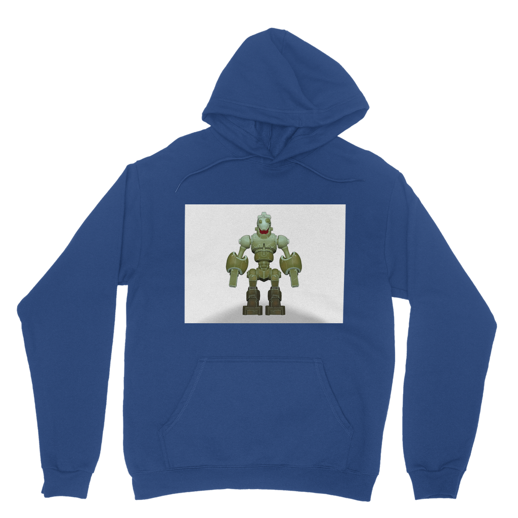 CG Robot Character Classic Adult Hoodie featuring a soft cotton faced fabric, kangaroo pouch pocket, and double fabric hood in various colors.