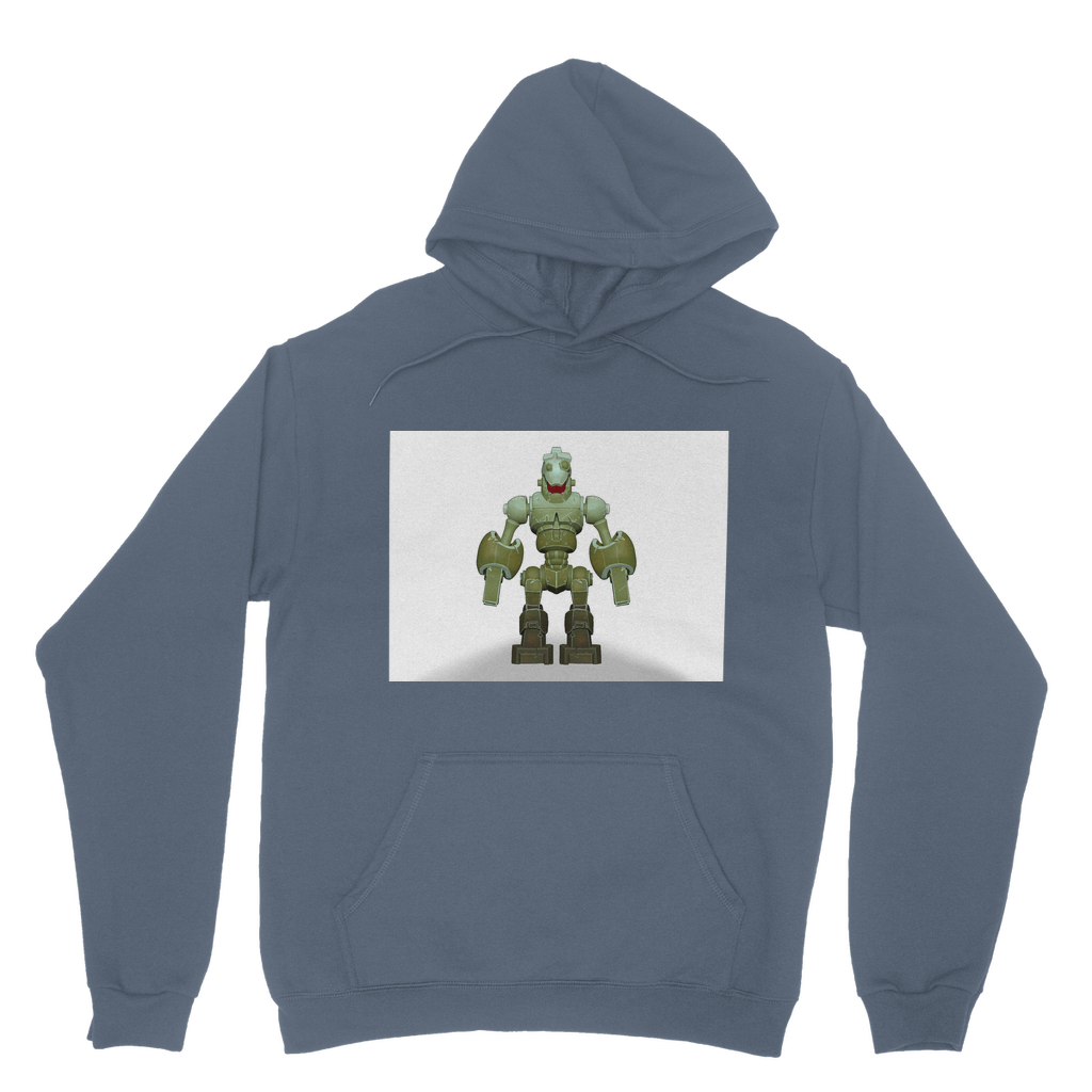 CG Robot Character Classic Adult Hoodie featuring a soft cotton faced fabric, kangaroo pouch pocket, and double fabric hood in various colors.