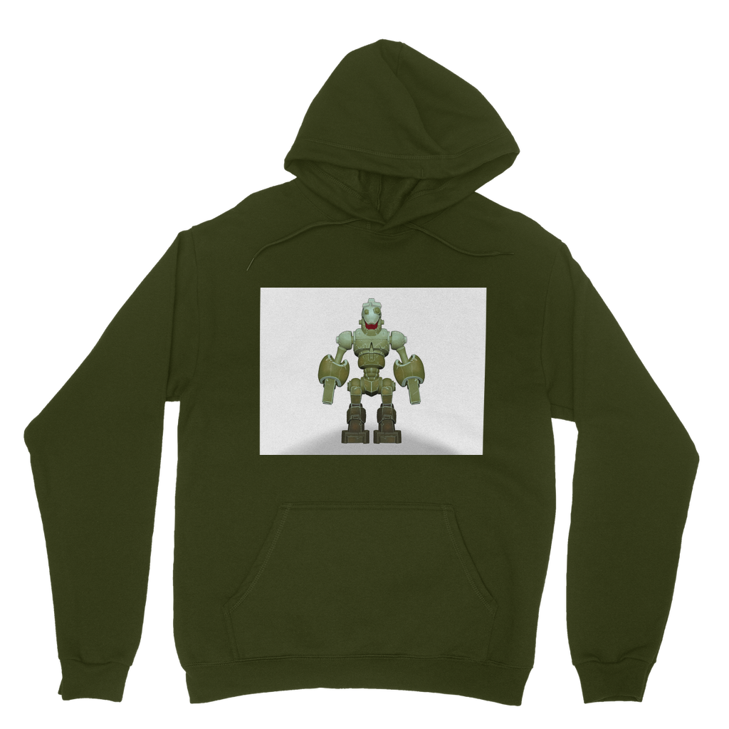 CG Robot Character Classic Adult Hoodie featuring a soft cotton faced fabric, kangaroo pouch pocket, and double fabric hood in various colors.