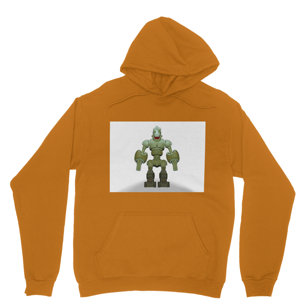 CG Robot Character Classic Adult Hoodie featuring a soft cotton faced fabric, kangaroo pouch pocket, and double fabric hood in various colors.