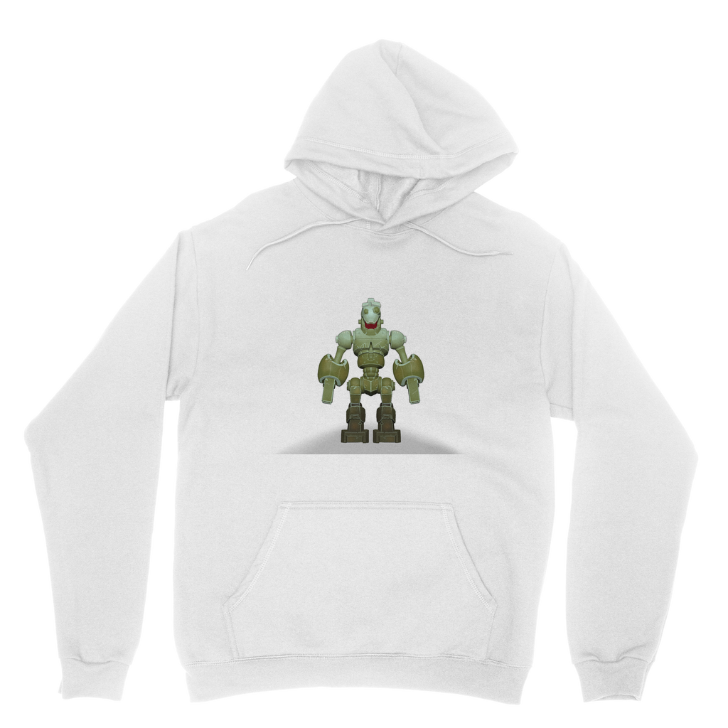 CG Robot Character Classic Adult Hoodie featuring a soft cotton faced fabric, kangaroo pouch pocket, and double fabric hood in various colors.