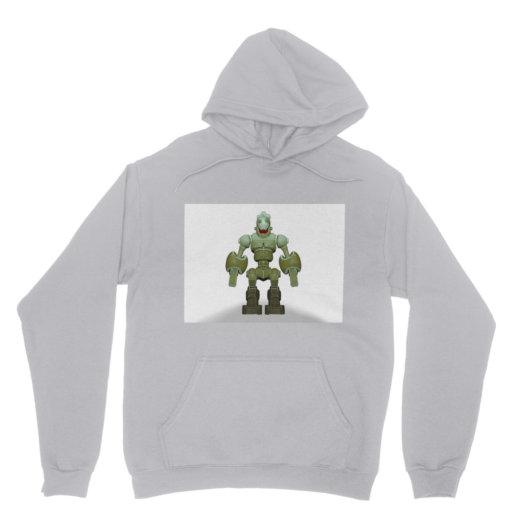 CG Robot Character Classic Adult Hoodie featuring a soft cotton faced fabric, kangaroo pouch pocket, and double fabric hood in various colors.