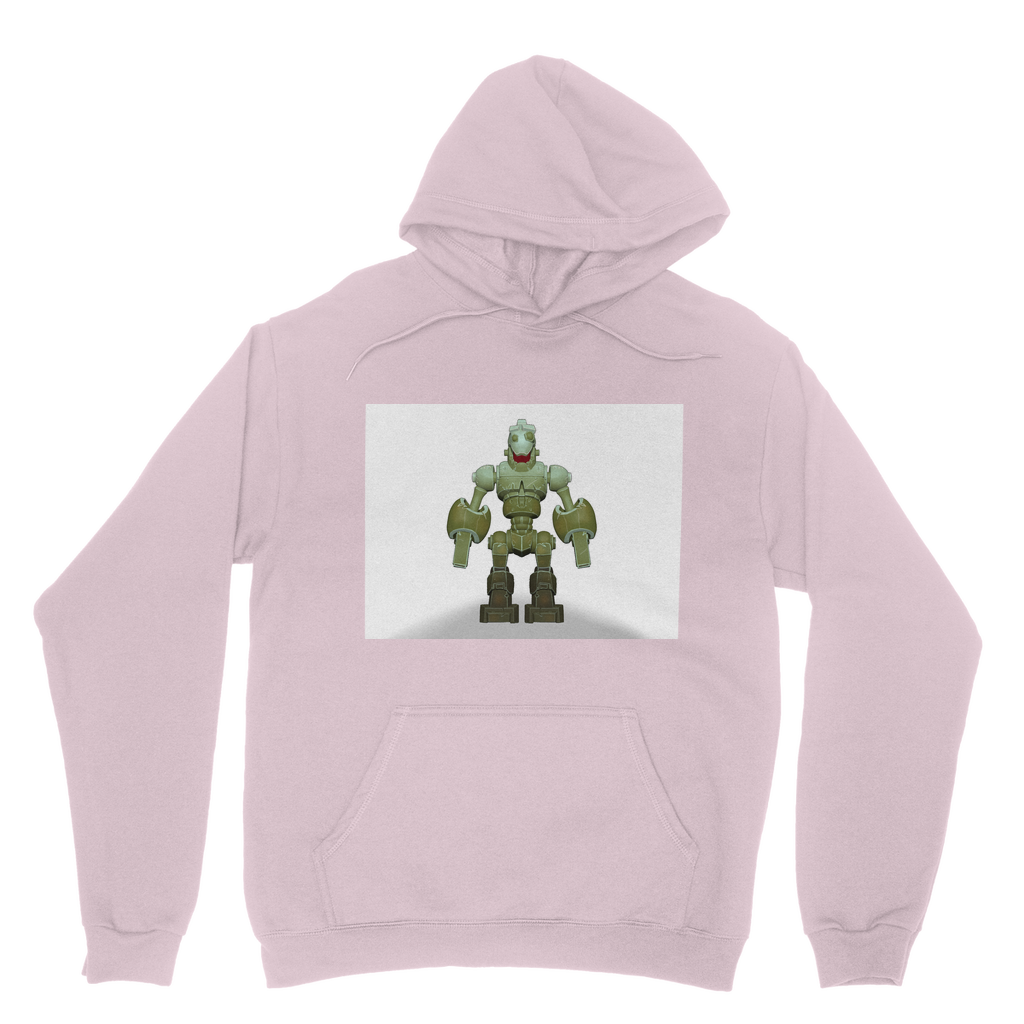 CG Robot Character Classic Adult Hoodie featuring a soft cotton faced fabric, kangaroo pouch pocket, and double fabric hood in various colors.