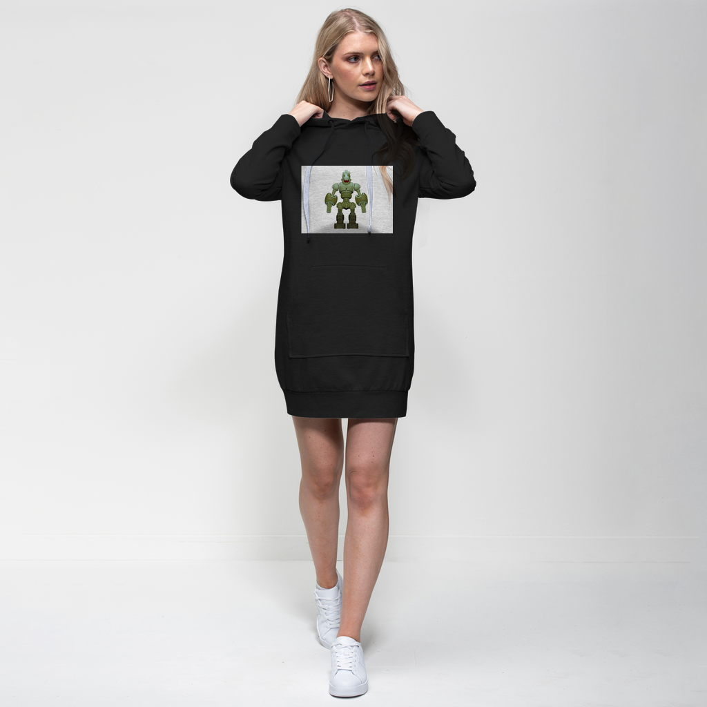 CG Robot Character Premium Adult Hoodie Dress featuring a unique print, relaxed fit, and functional design elements like a hood and pockets.