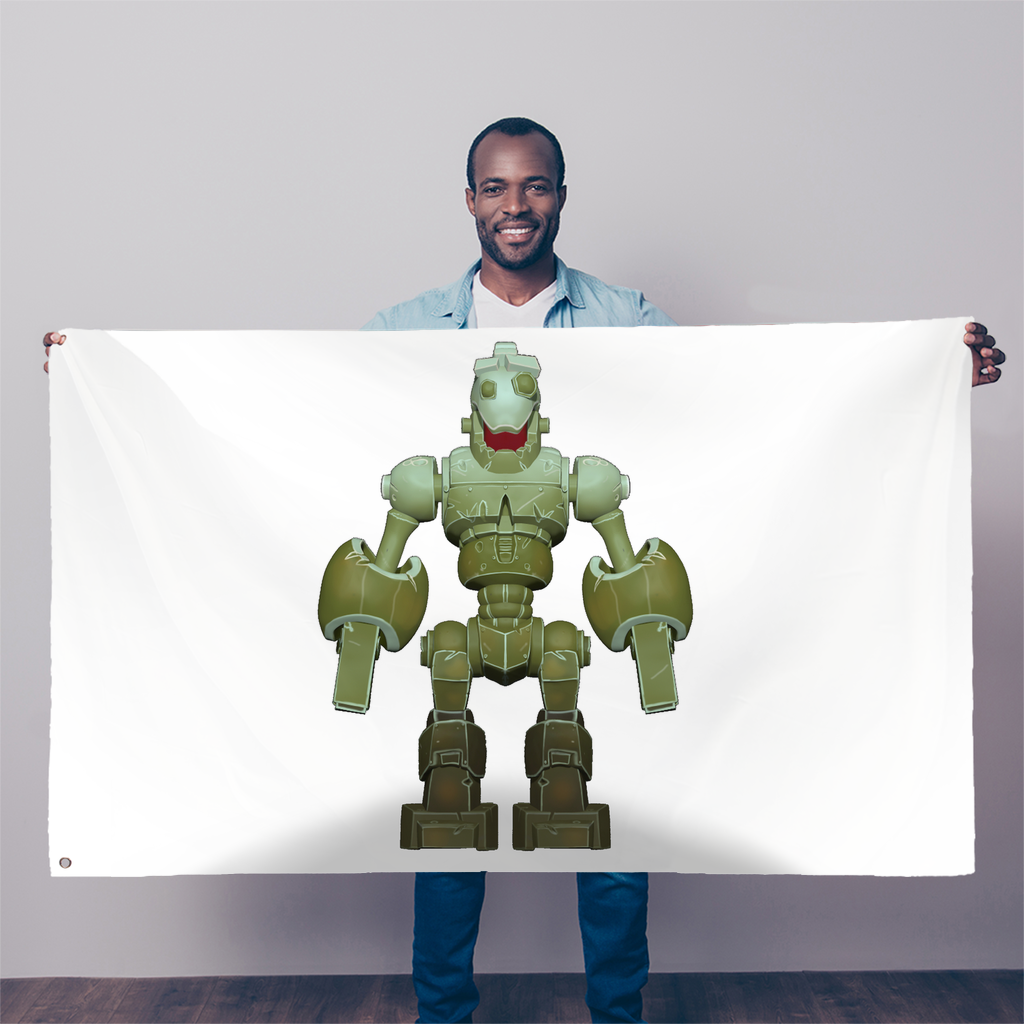 CG Robot Character Sublimation Flag, 5FT x 3FT, vibrant colors, double-stitched edges, and eyelets for hanging.