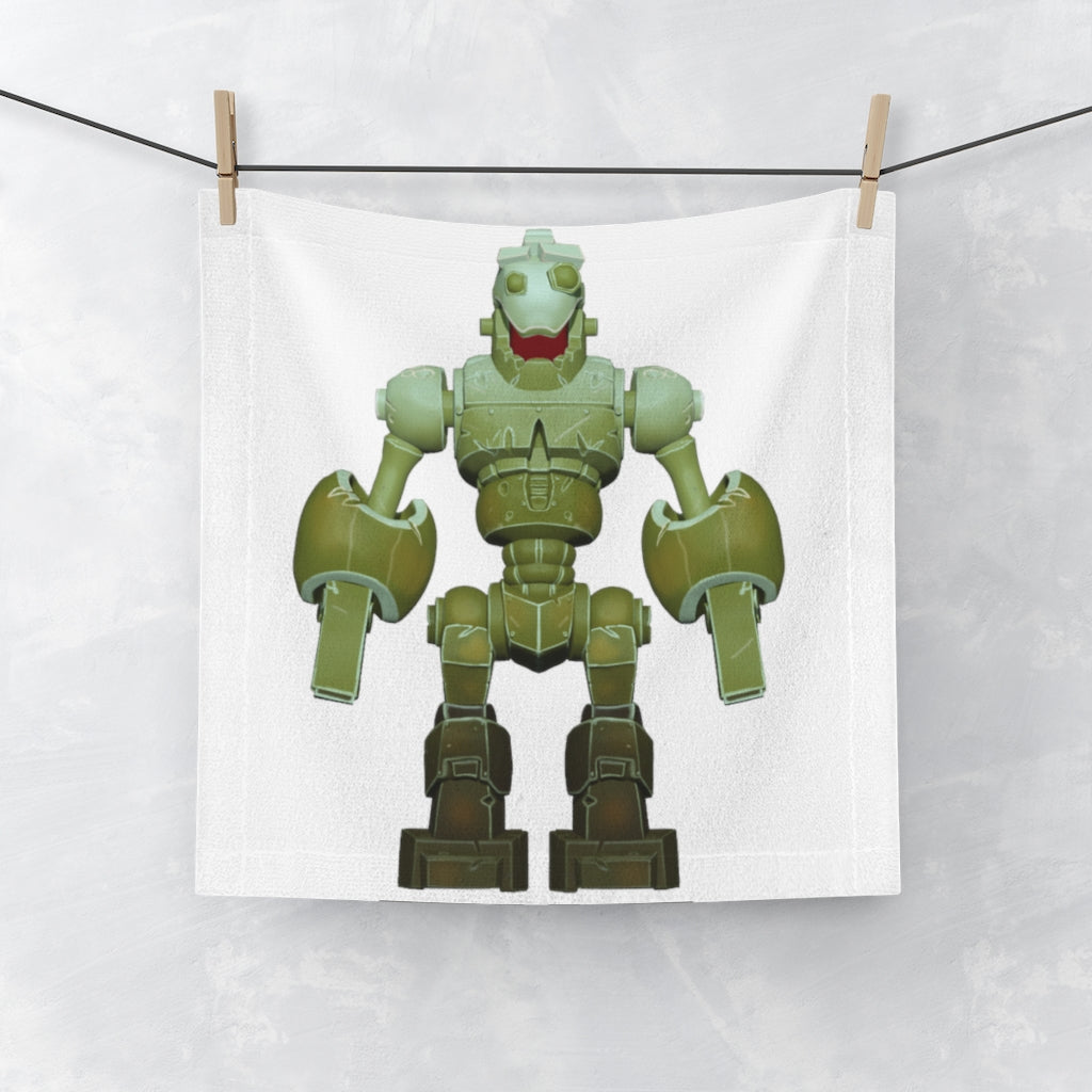 CG Robot Face Towel featuring a customizable polyester front and soft cotton back, ideal for personal designs.