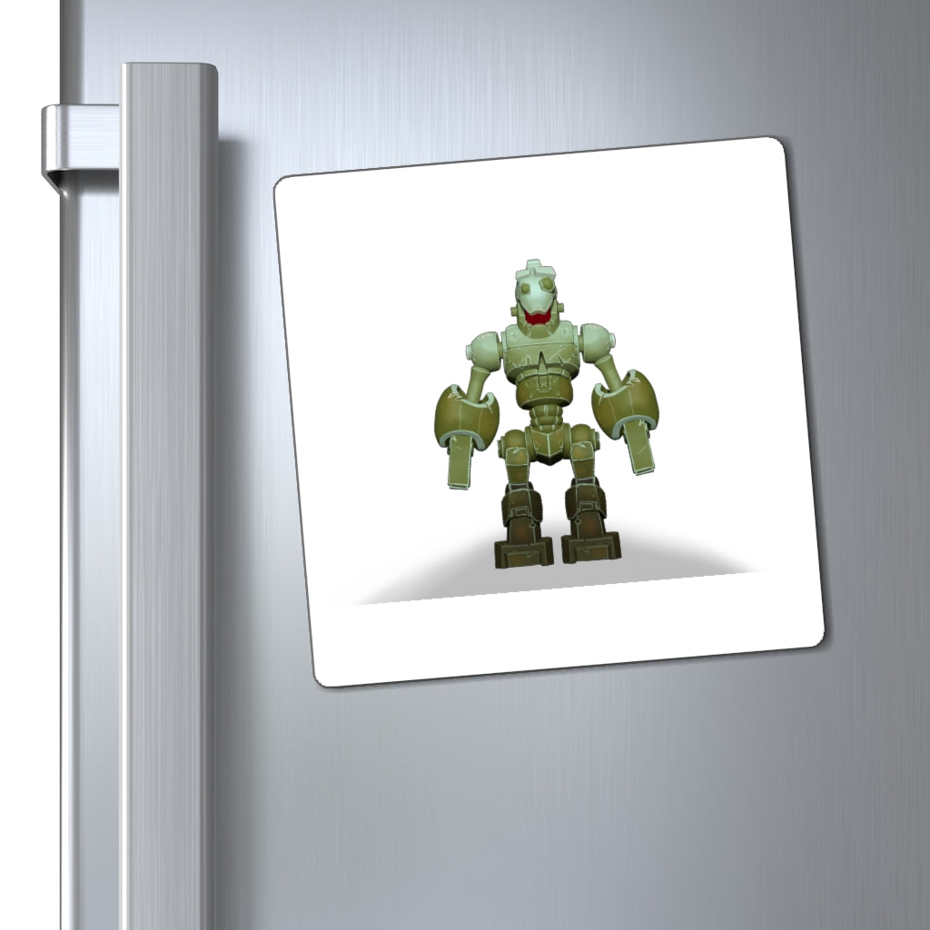 A set of CG Robot Magnets showcasing various sizes and a bold black backing, ideal for promoting messages on metallic surfaces.