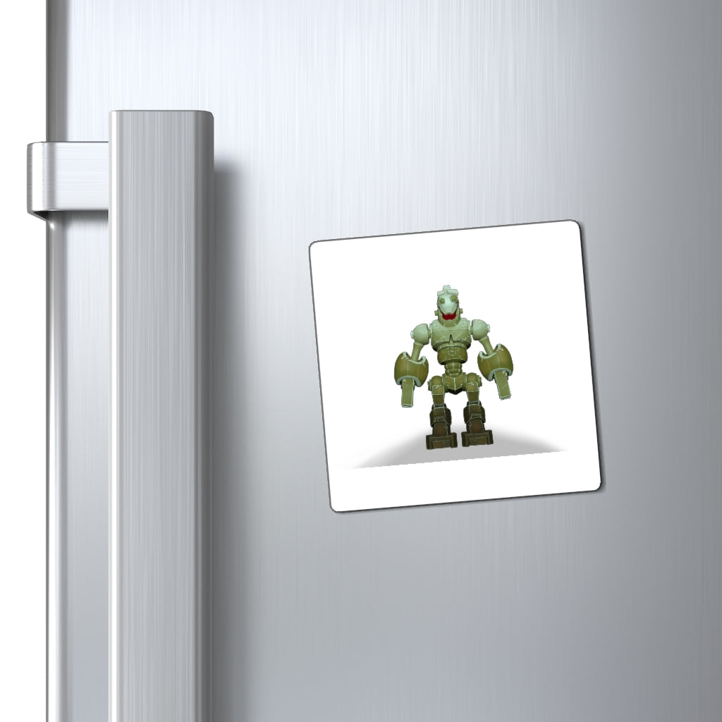 A set of CG Robot Magnets showcasing various sizes and a bold black backing, ideal for promoting messages on metallic surfaces.