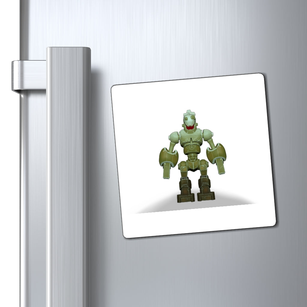 A set of CG Robot Magnets showcasing various sizes and a bold black backing, ideal for promoting messages on metallic surfaces.