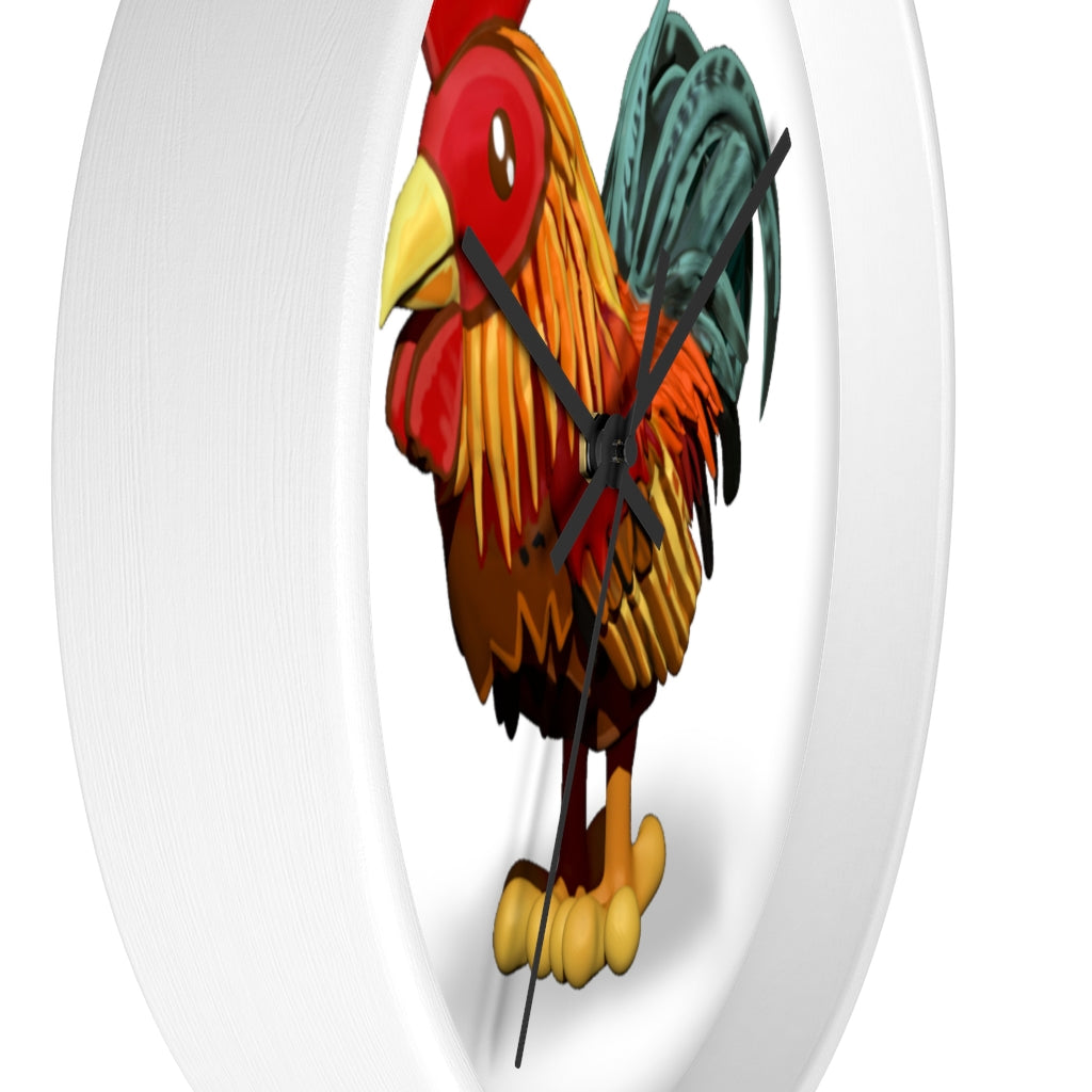 CG Rooster Wall Clock featuring a wooden frame and plexiglass face, showcasing a colorful rooster design.