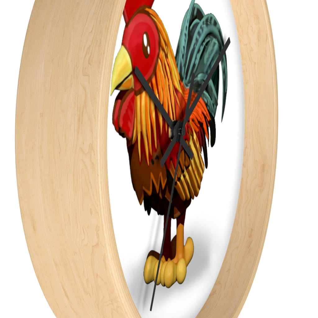 CG Rooster Wall Clock featuring a wooden frame and plexiglass face, showcasing a colorful rooster design.