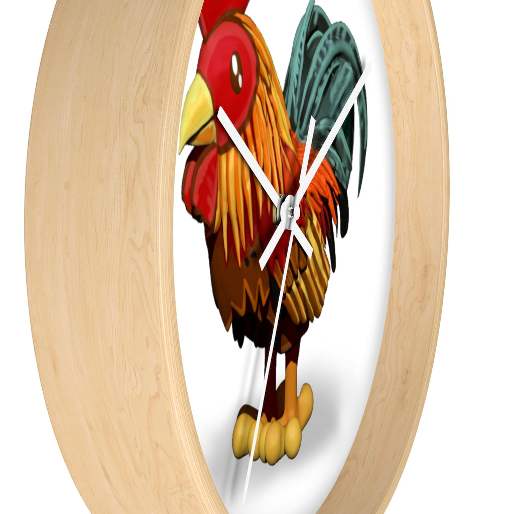 CG Rooster Wall Clock featuring a wooden frame and plexiglass face, showcasing a colorful rooster design.