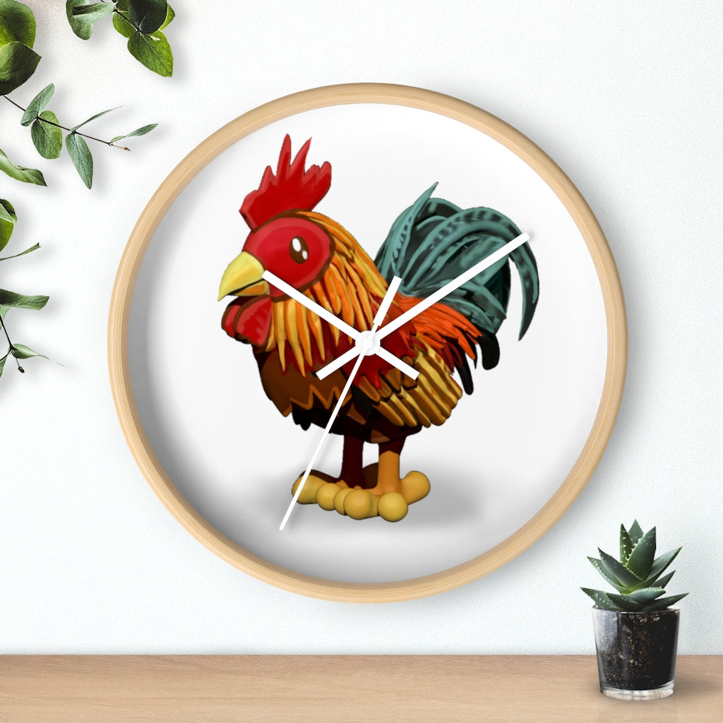 CG Rooster Wall Clock featuring a wooden frame and plexiglass face, showcasing a colorful rooster design.