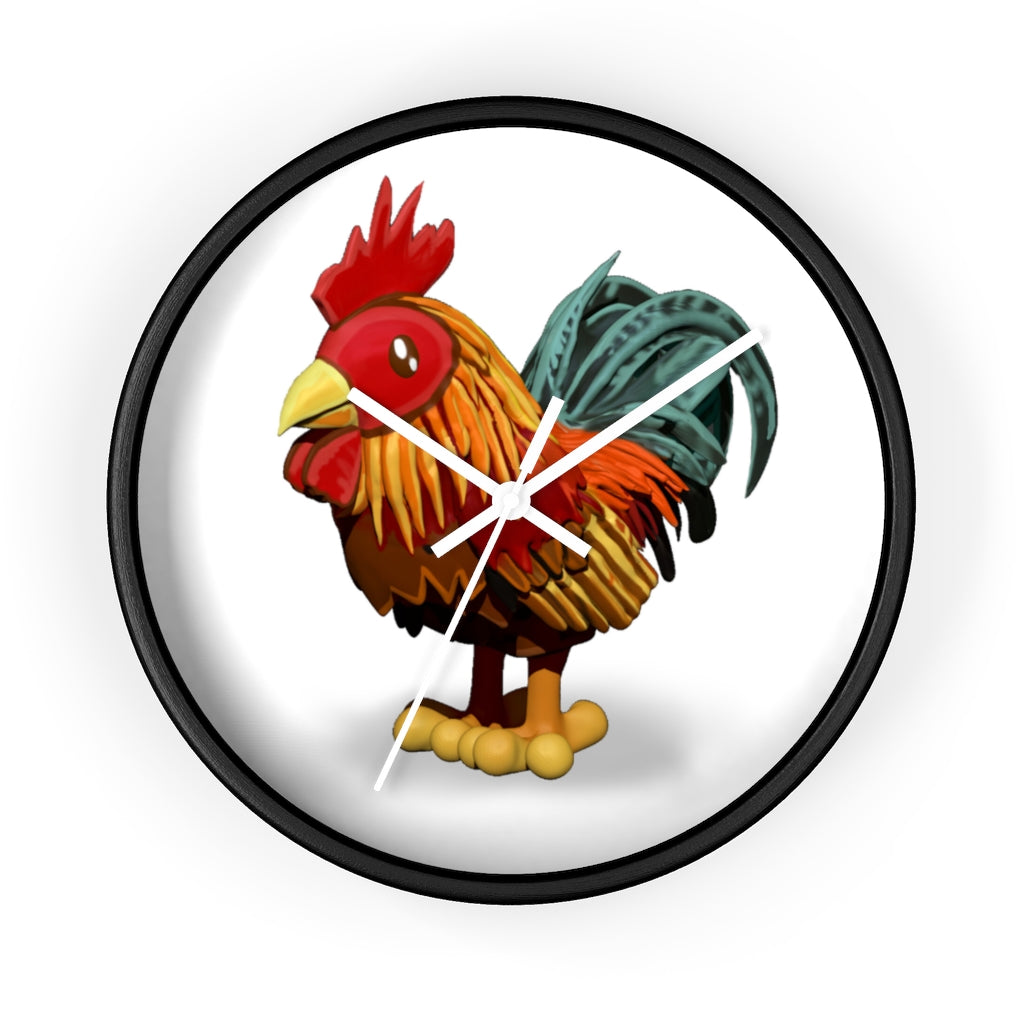 CG Rooster Wall Clock featuring a wooden frame and plexiglass face, showcasing a colorful rooster design.