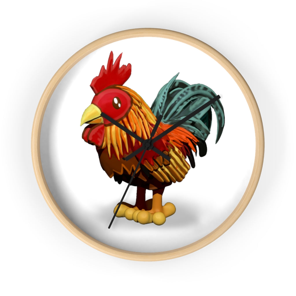 CG Rooster Wall Clock featuring a wooden frame and plexiglass face, showcasing a colorful rooster design.