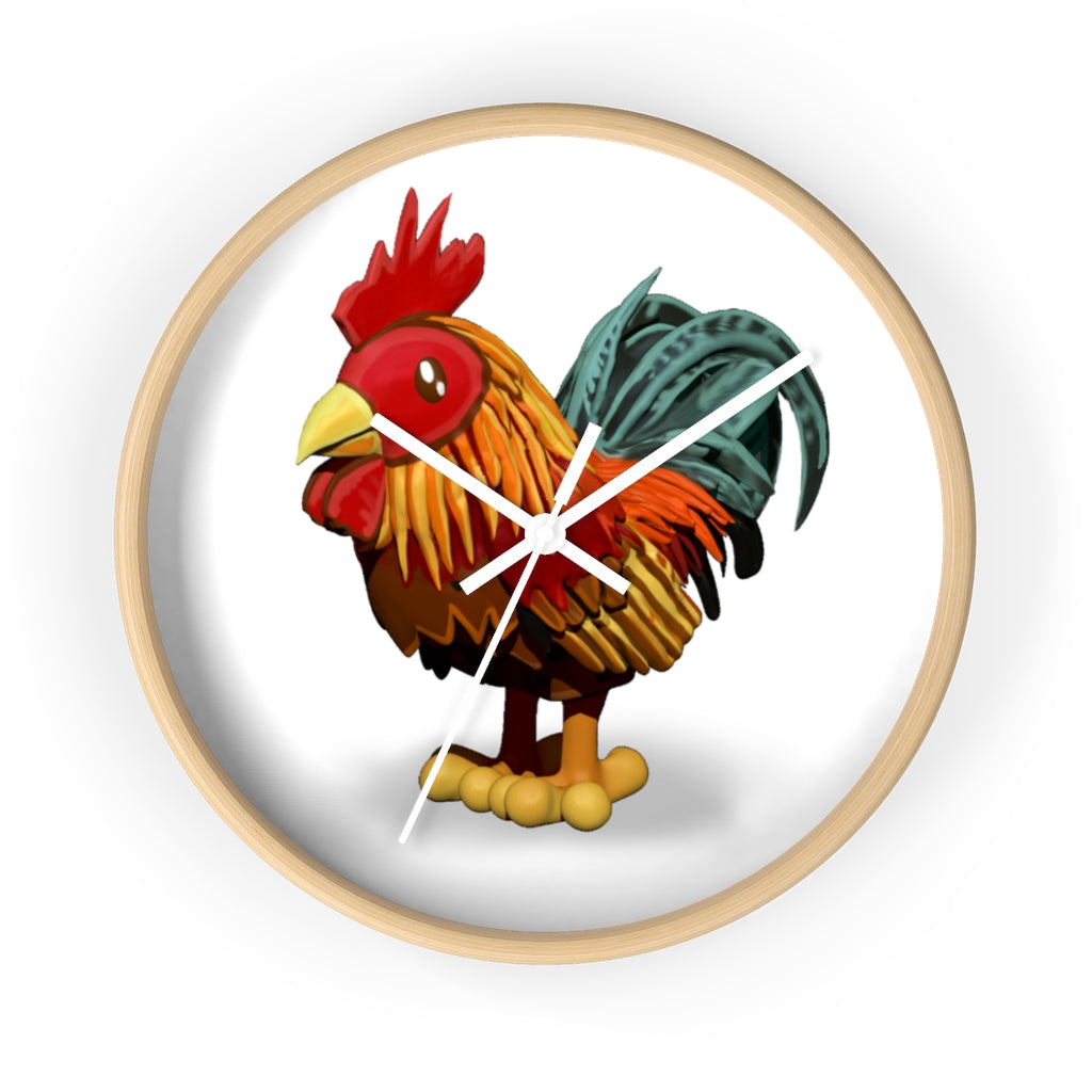 CG Rooster Wall Clock featuring a wooden frame and plexiglass face, showcasing a colorful rooster design.