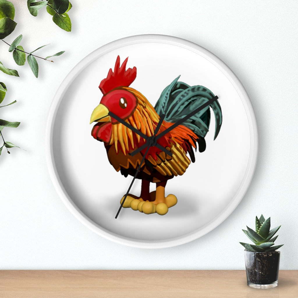 CG Rooster Wall Clock featuring a wooden frame and plexiglass face, showcasing a colorful rooster design.