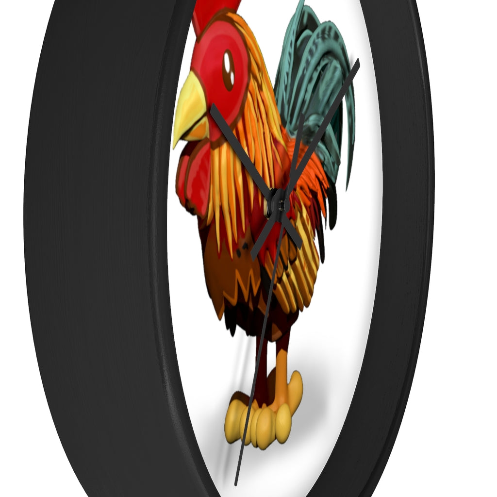 CG Rooster Wall Clock featuring a wooden frame and plexiglass face, showcasing a colorful rooster design.