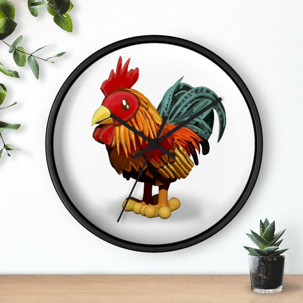 CG Rooster Wall Clock featuring a wooden frame and plexiglass face, showcasing a colorful rooster design.