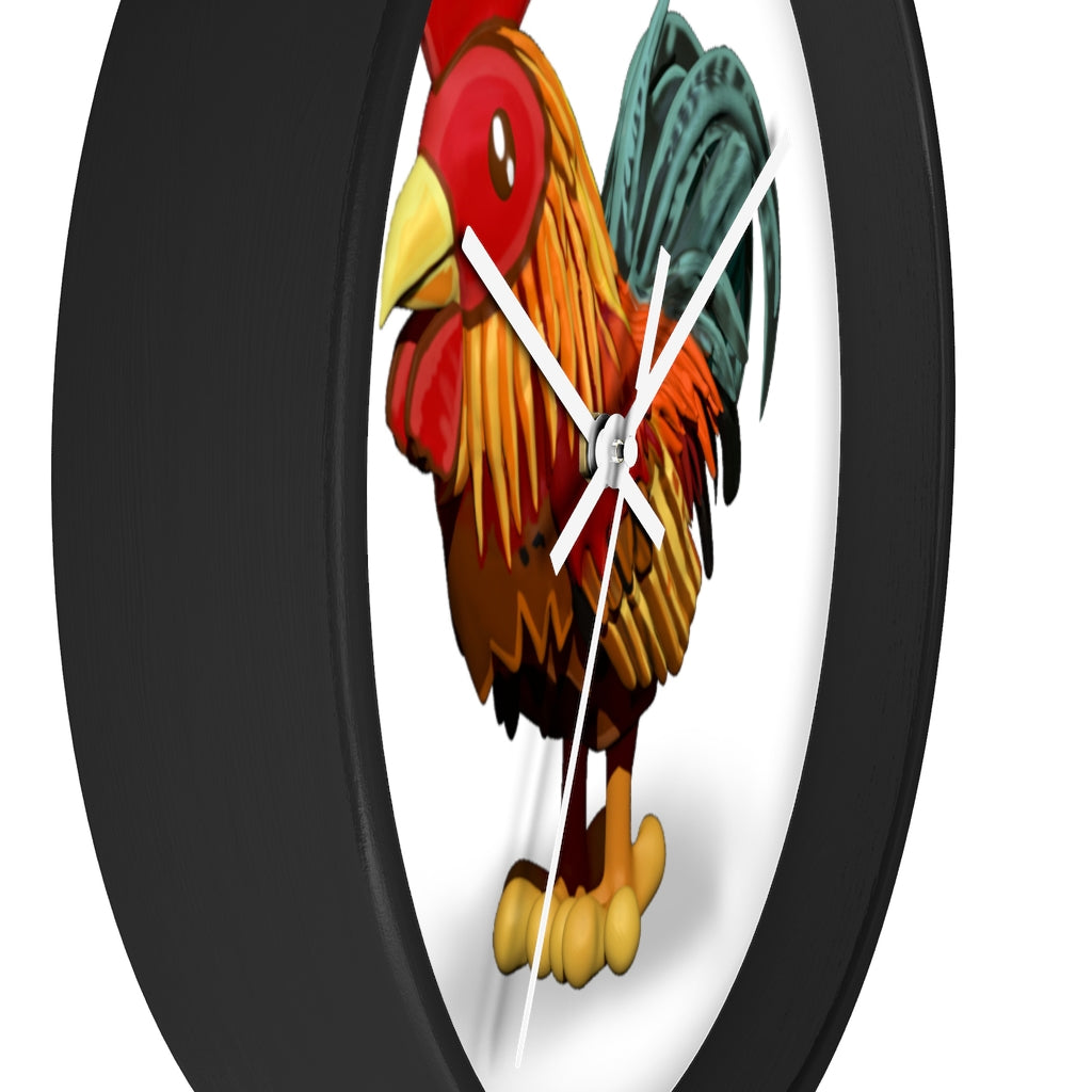 CG Rooster Wall Clock featuring a wooden frame and plexiglass face, showcasing a colorful rooster design.