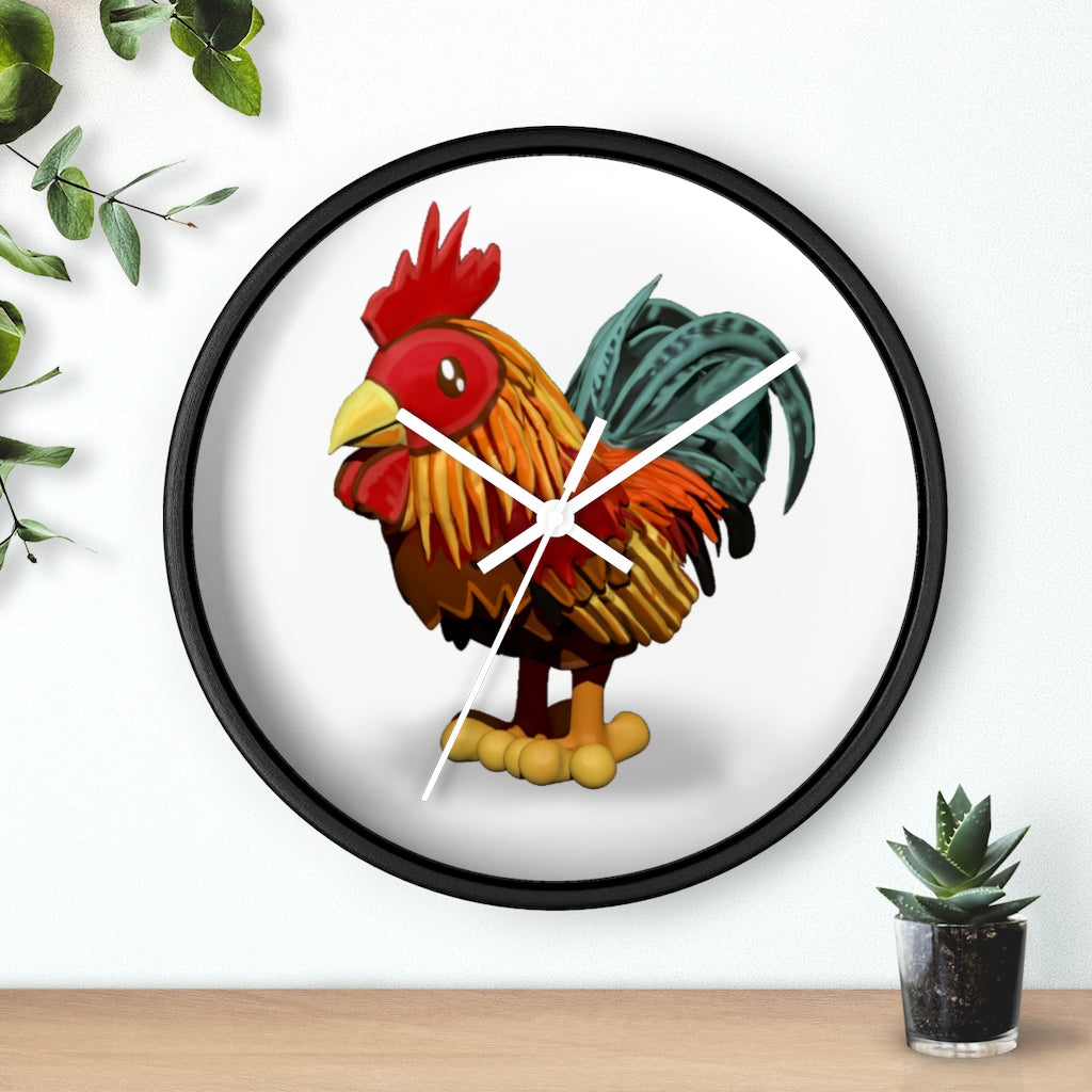 CG Rooster Wall Clock featuring a wooden frame and plexiglass face, showcasing a colorful rooster design.