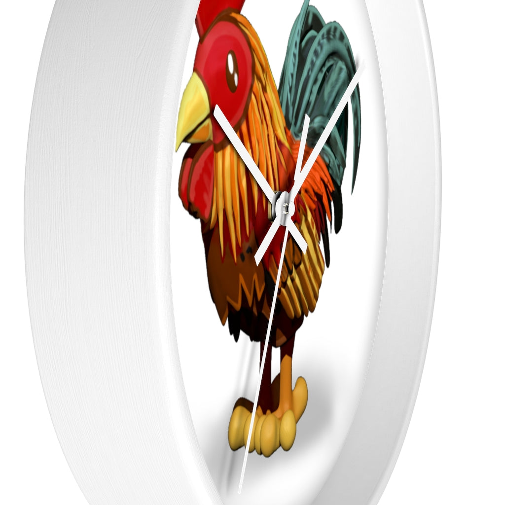 CG Rooster Wall Clock featuring a wooden frame and plexiglass face, showcasing a colorful rooster design.