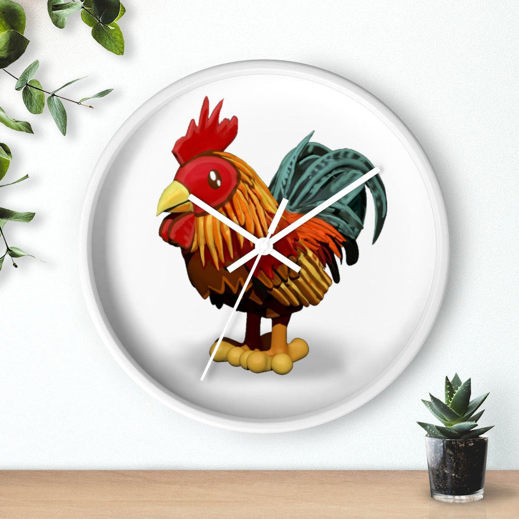 CG Rooster Wall Clock featuring a wooden frame and plexiglass face, showcasing a colorful rooster design.