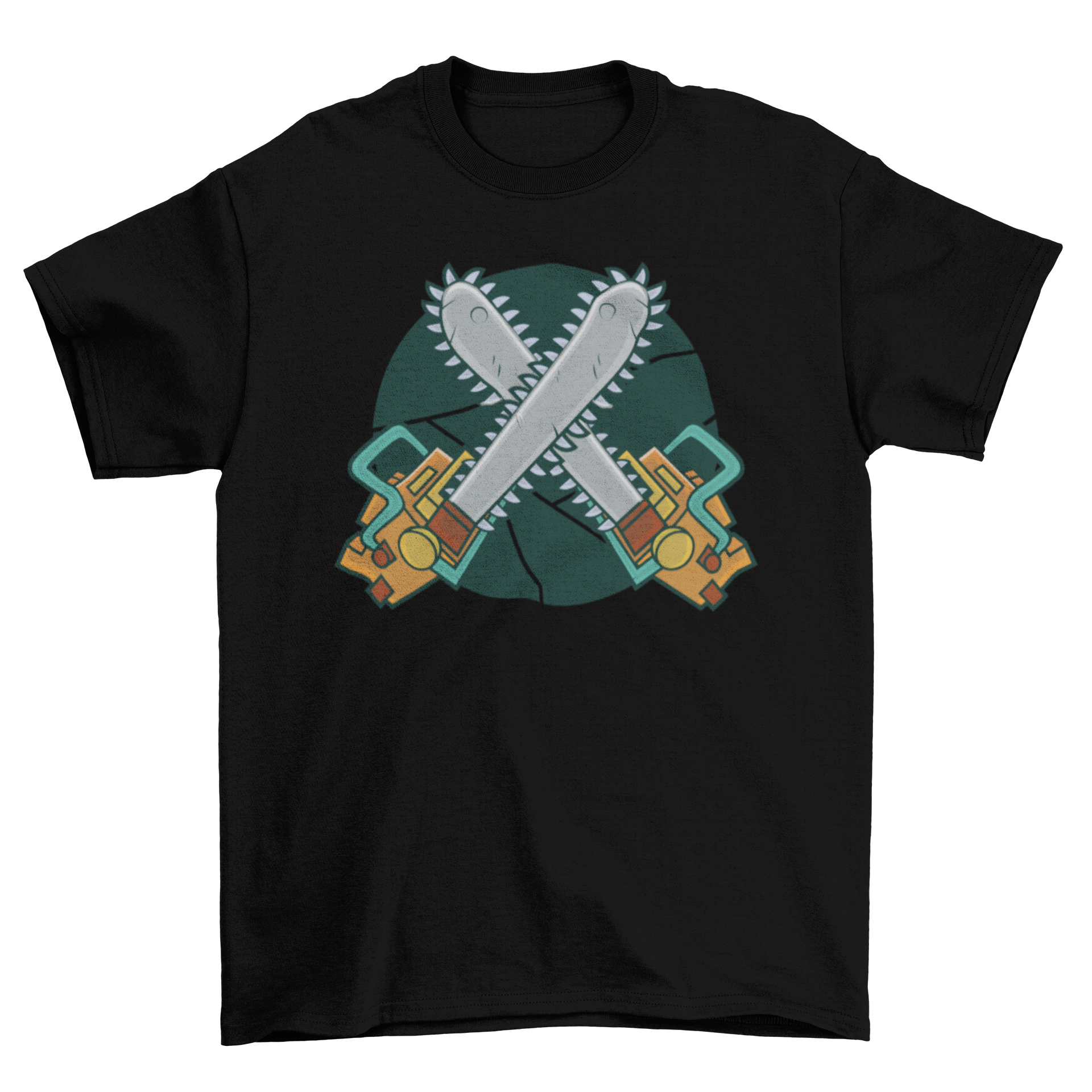 A stylish t-shirt featuring an illustration of two crossed chainsaws, perfect for outdoor enthusiasts.